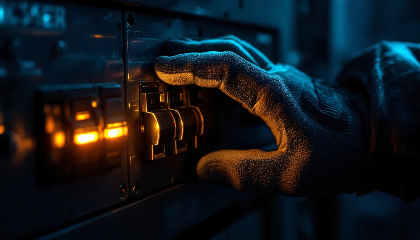 Gloved hand on a breaker switch in a residential panel