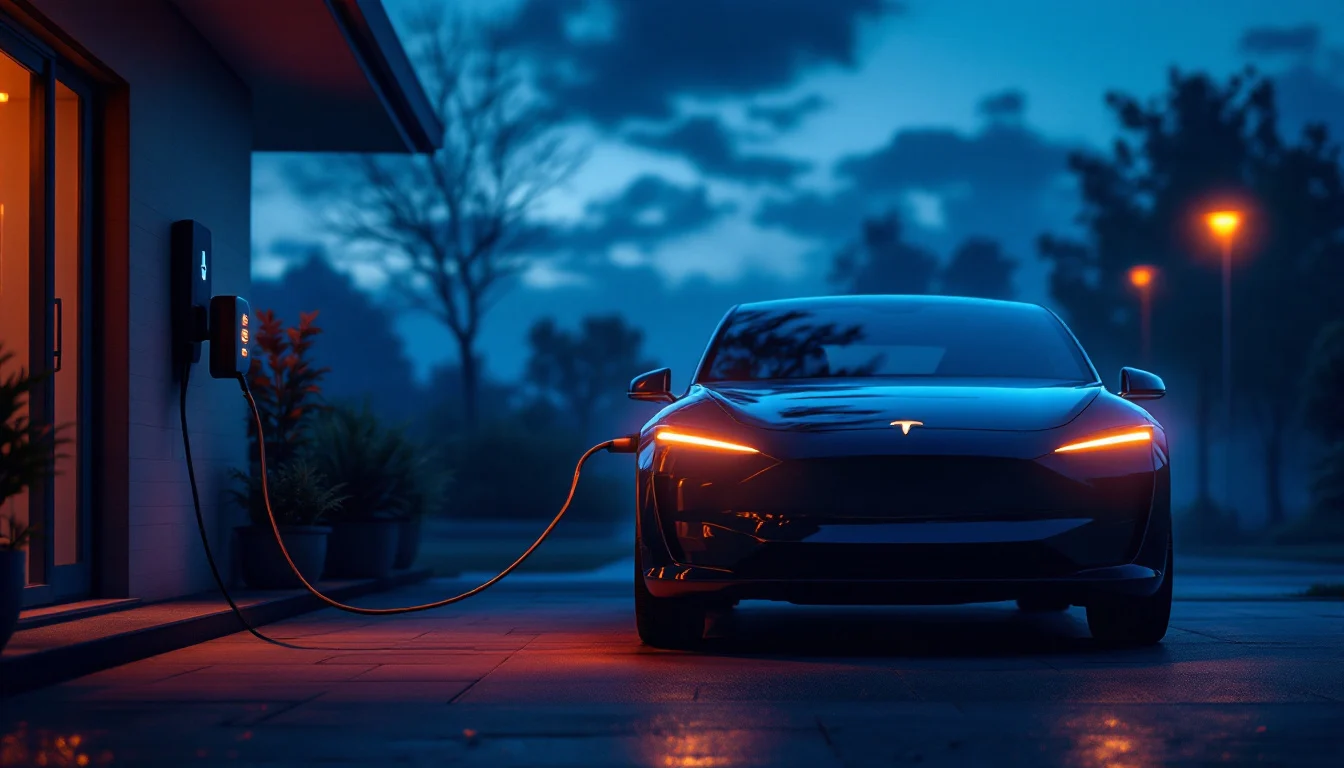 Electric car charging in a residential driveway at dusk