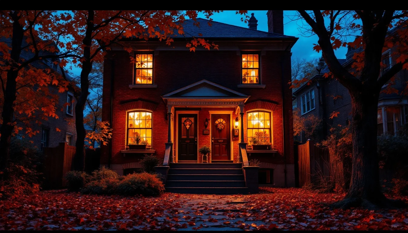 Montreal duplex at autumn dusk, warm light in the windows
