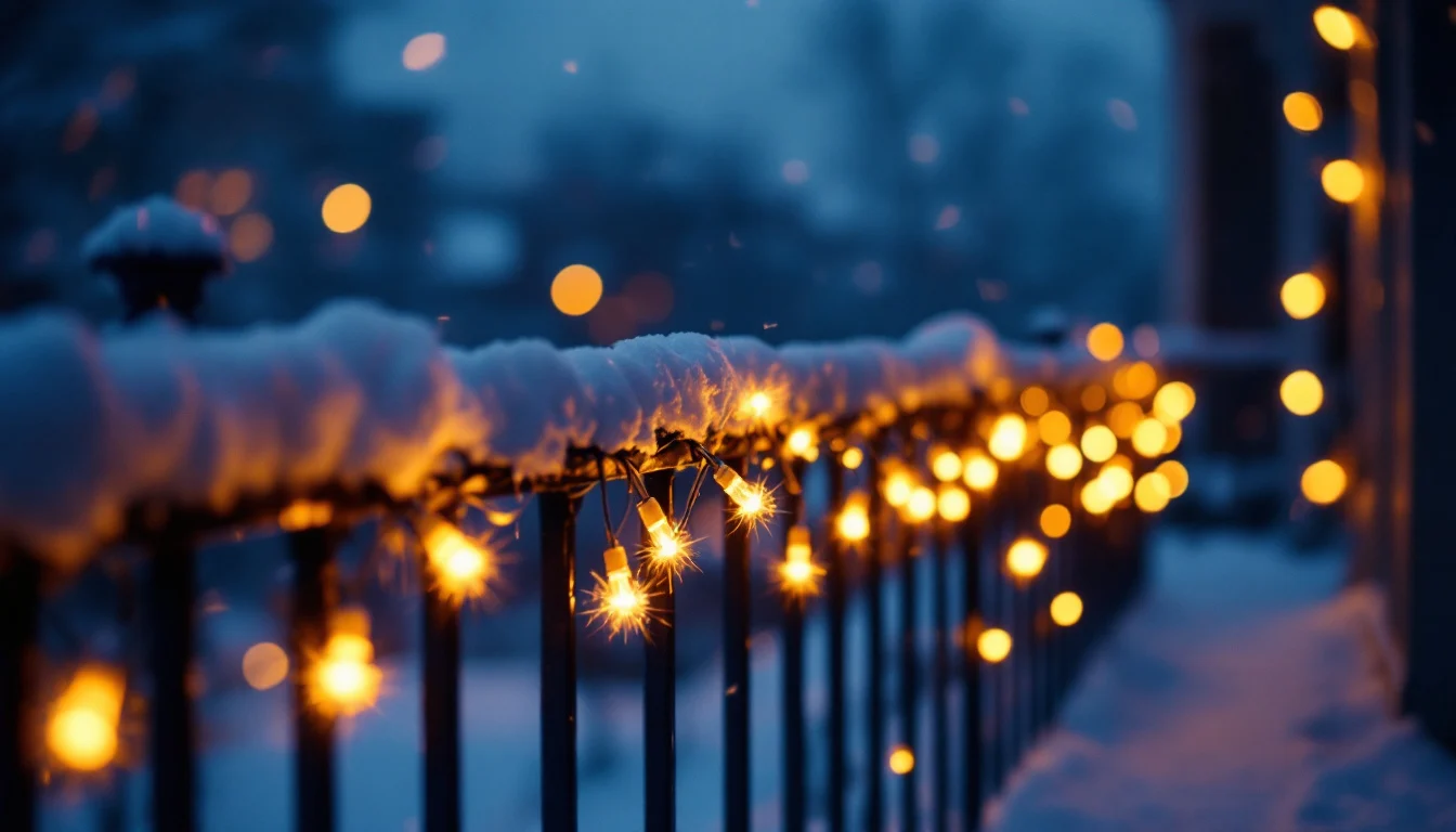 String lights on a snowy balcony railing at night