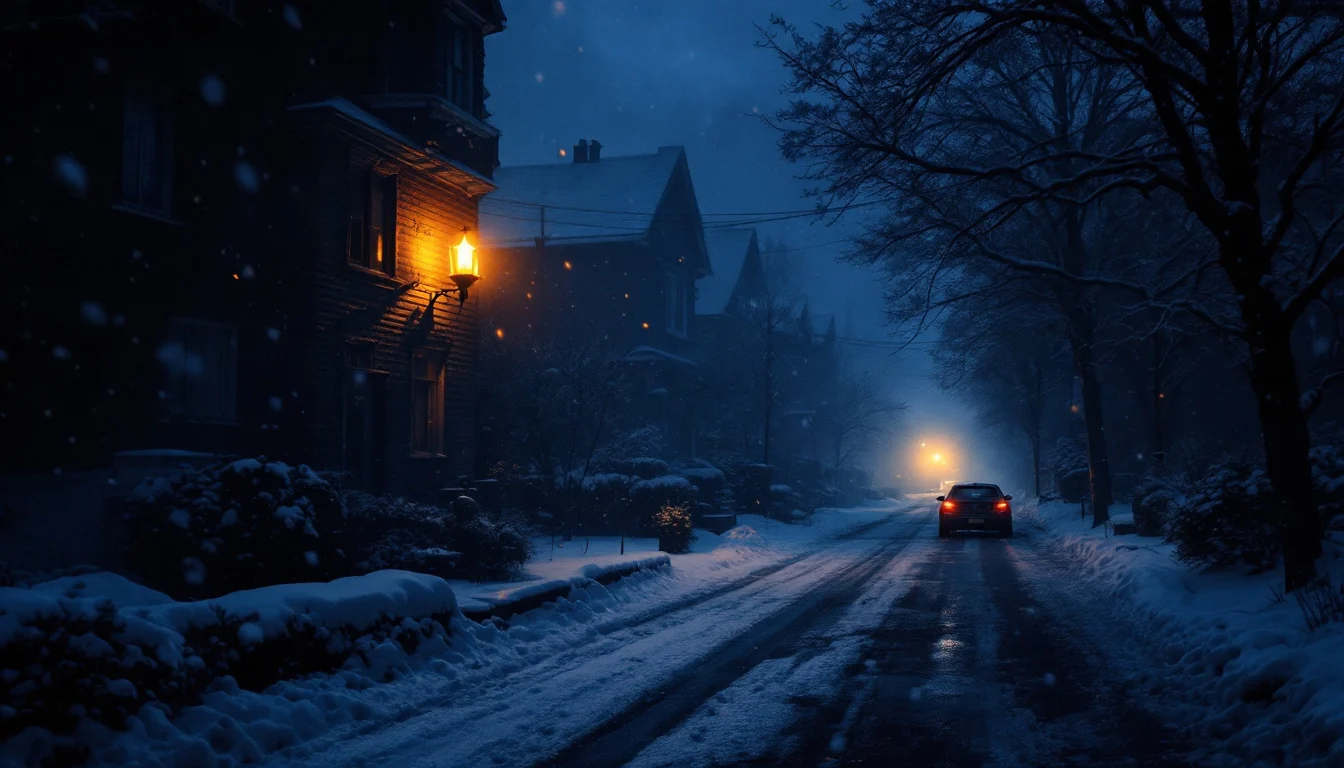 Dark street during an outage, one window lit by candlelight