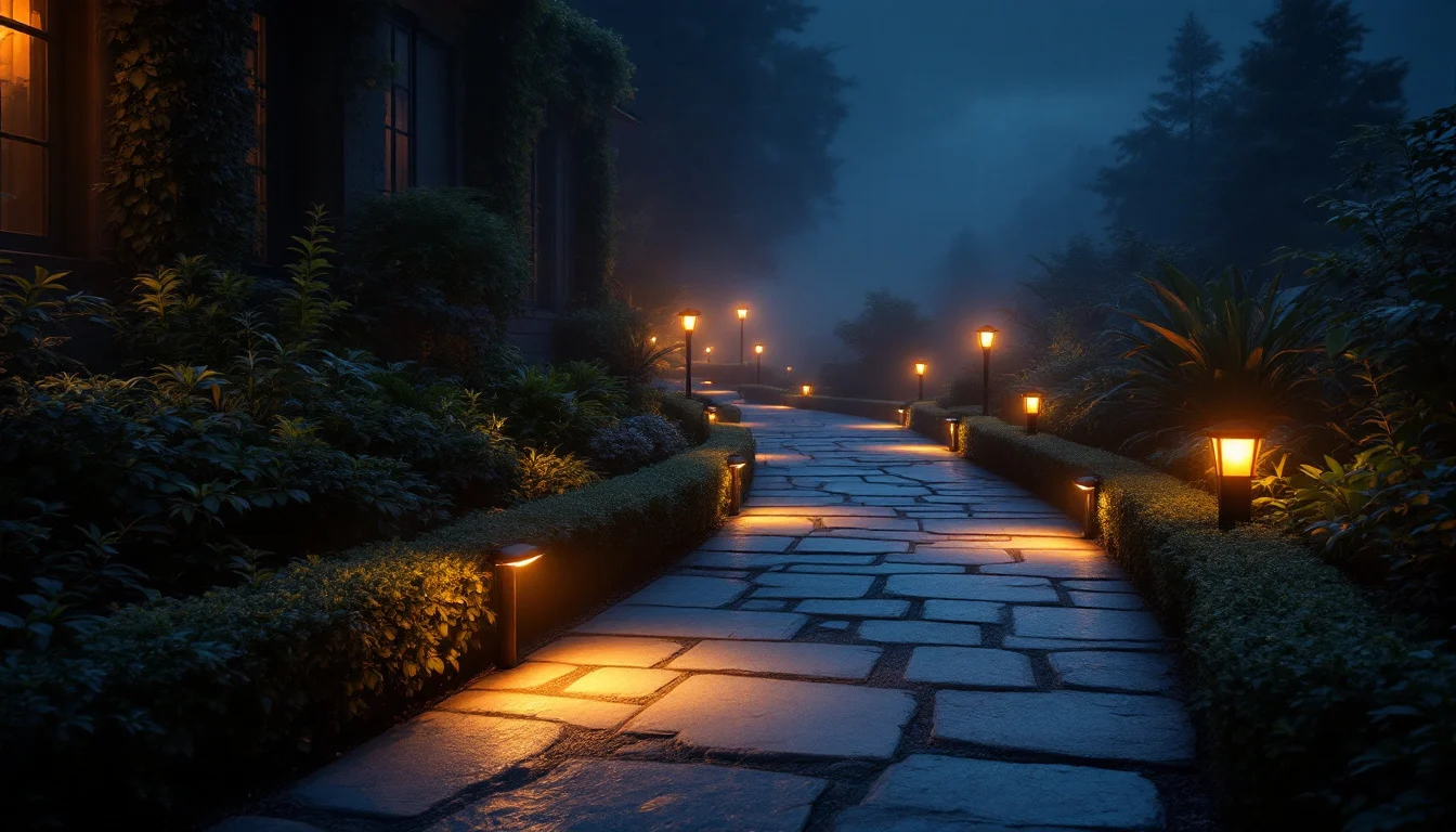 Path lights casting warm pools along a stone walkway
