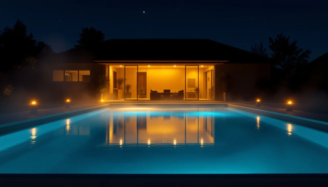 Backyard pool lit from underwater on a summer night