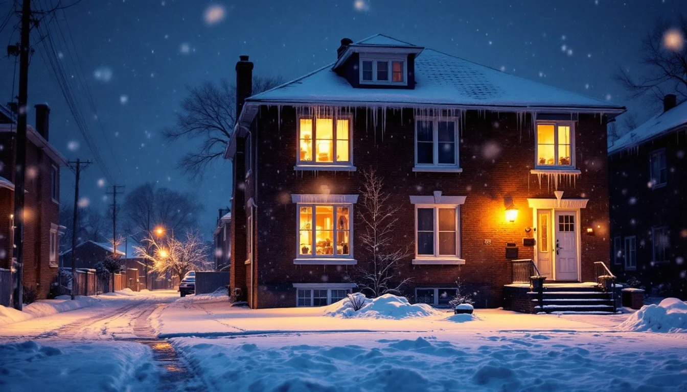 Snow-covered Montreal duplex on a winter night