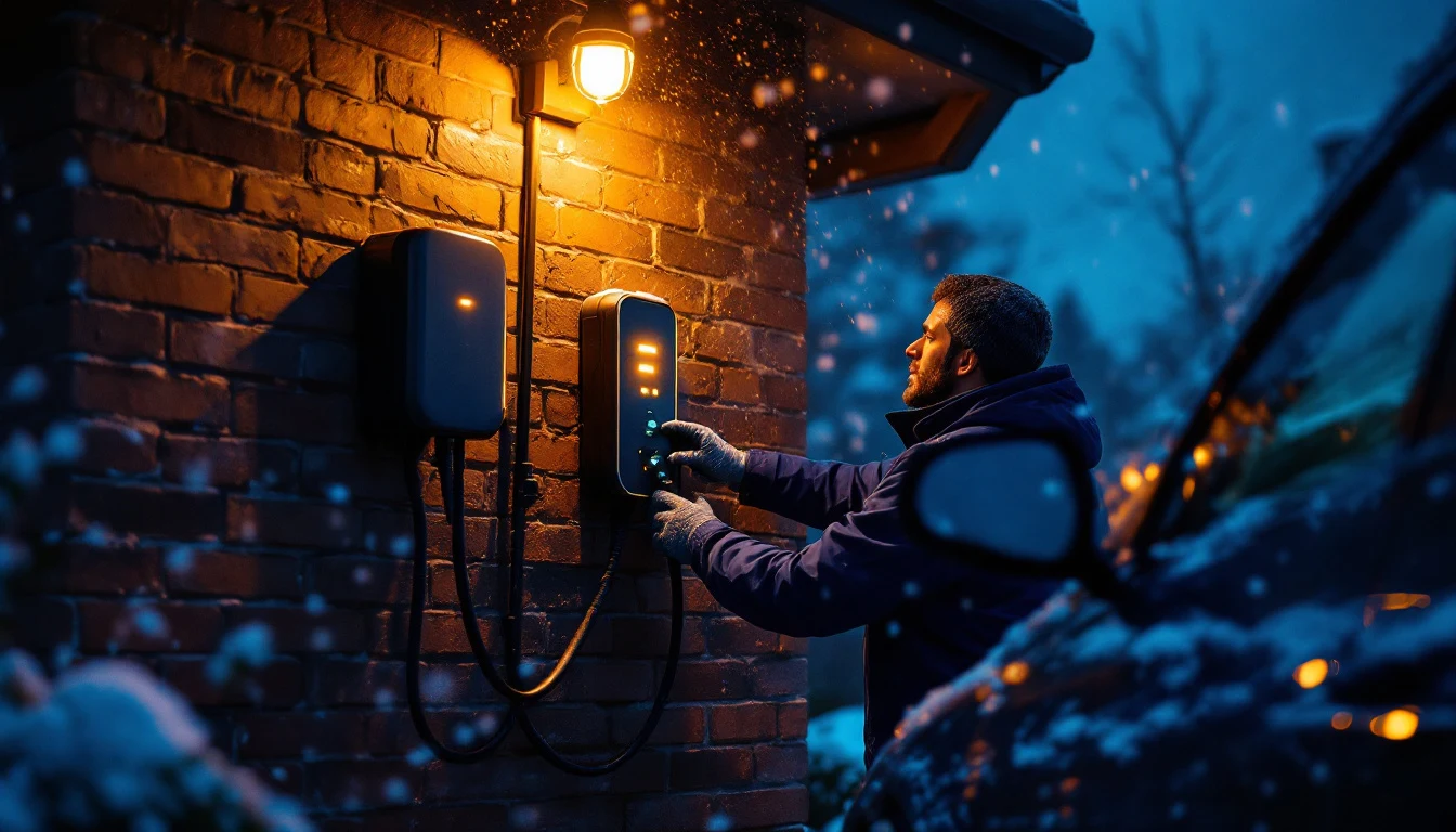 Wall EV charger installation on a snowy evening