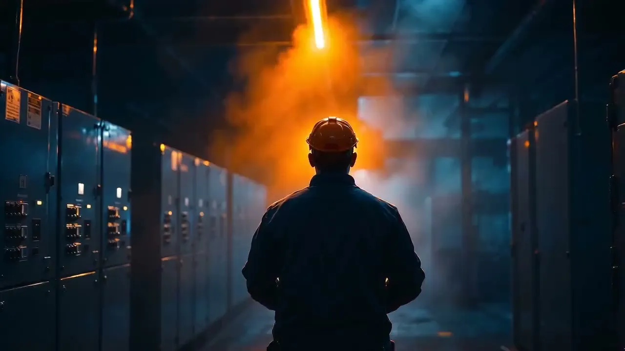 Electrician facing a wall of breaker panels as an amber beam drifts through the haze