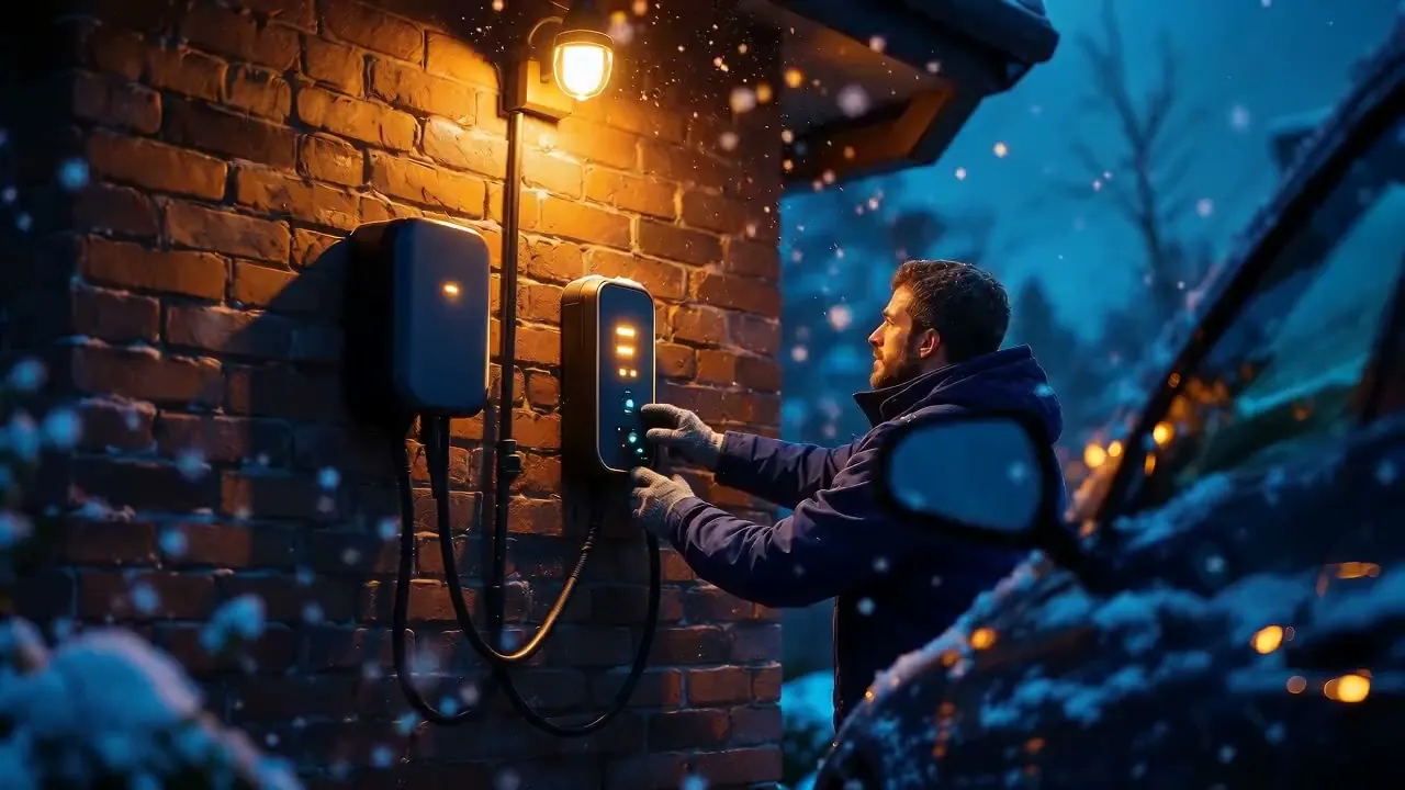 Electrician installing a wall-mounted EV charging station as snow falls